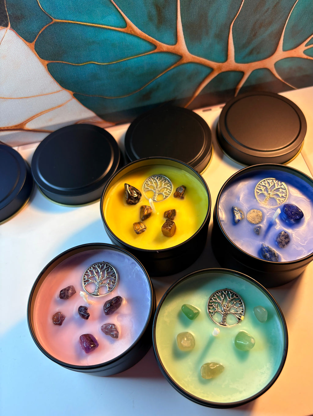 🌳 Crystal Candle Collection – 4 × Scented Soy Candles (Crystal-Infused)