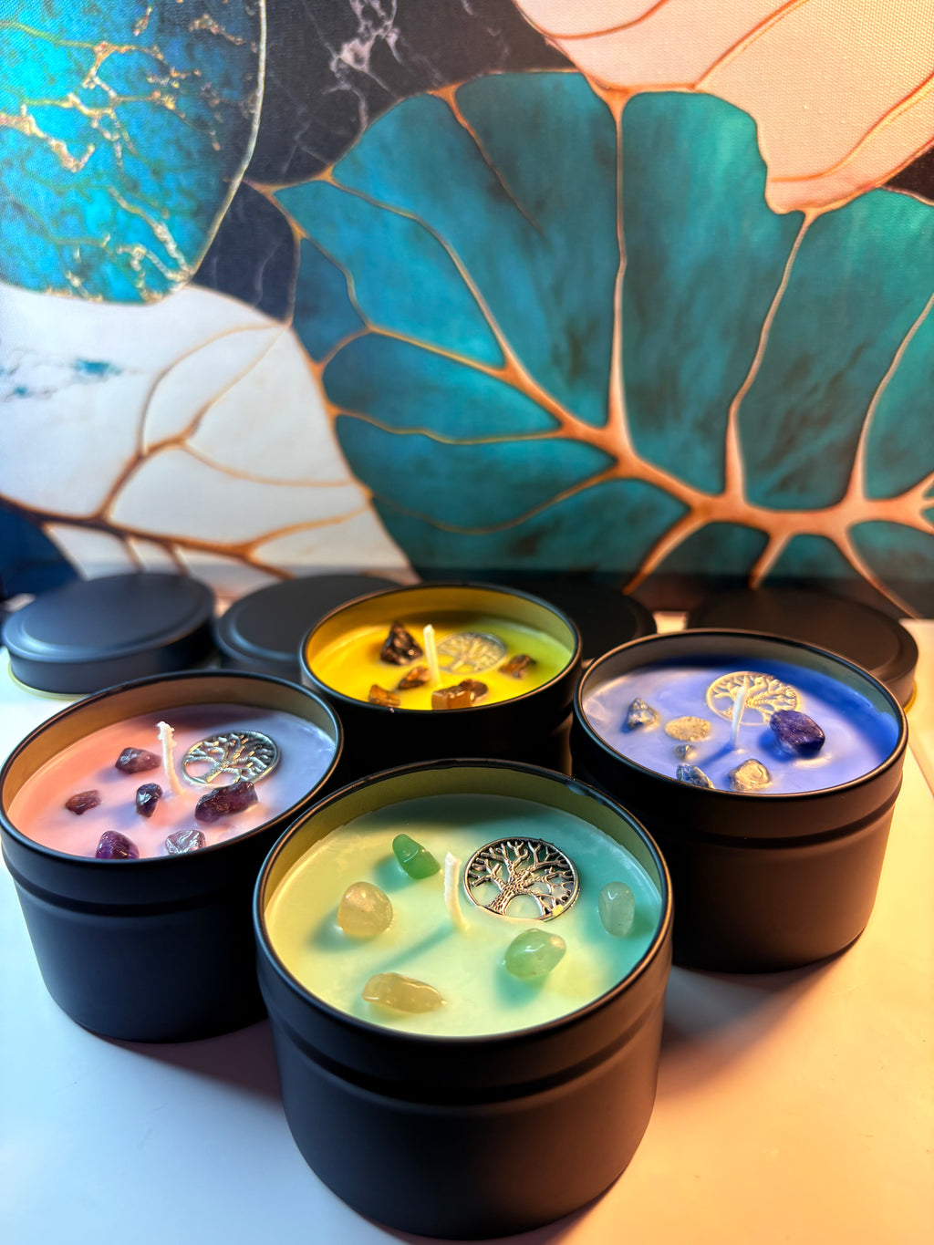 🌳 Crystal Candle Collection – 4 × Scented Soy Candles (Crystal-Infused)