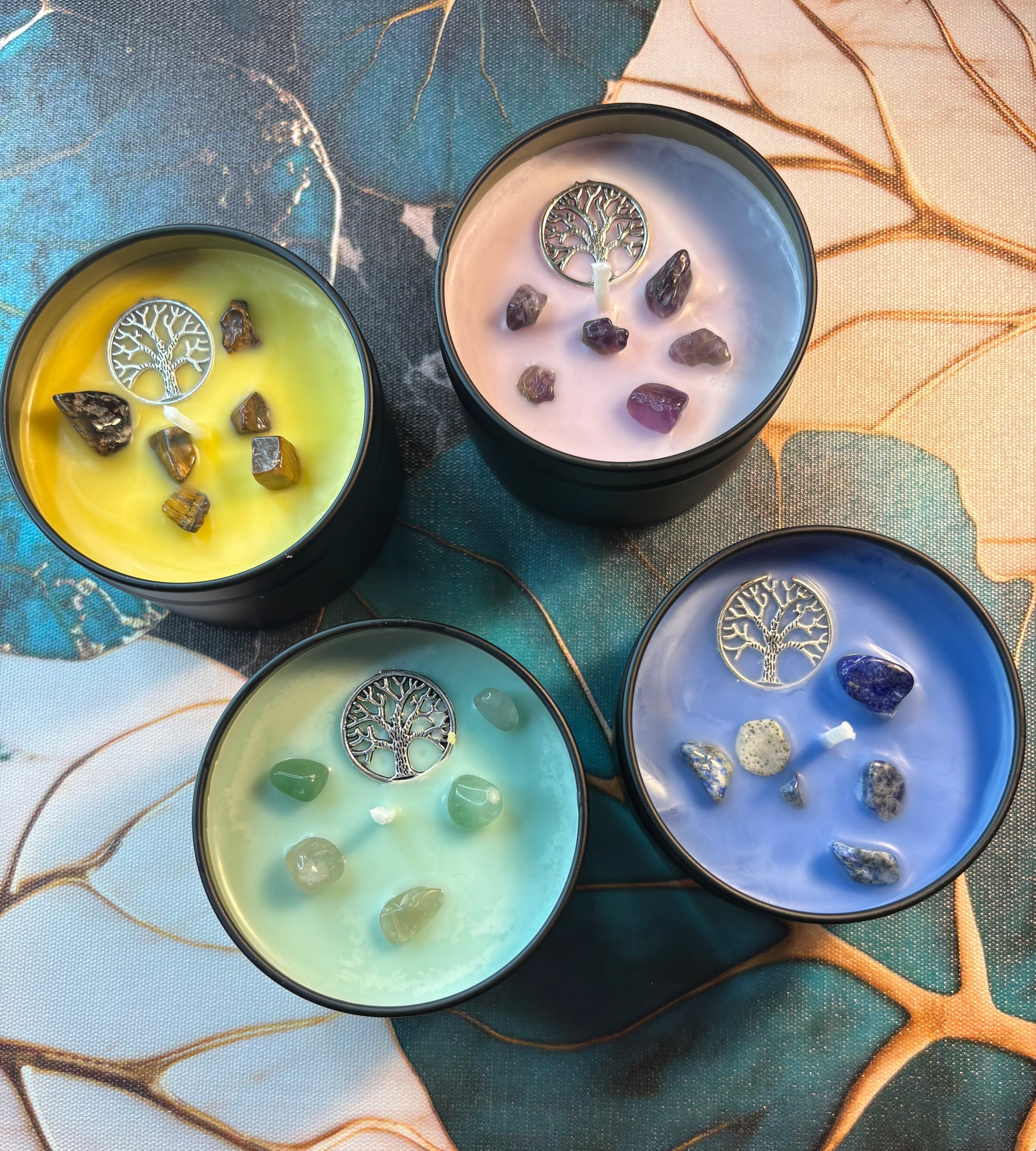 🌳 Crystal Candle Collection – 4 × Scented Soy Candles (Crystal-Infused)