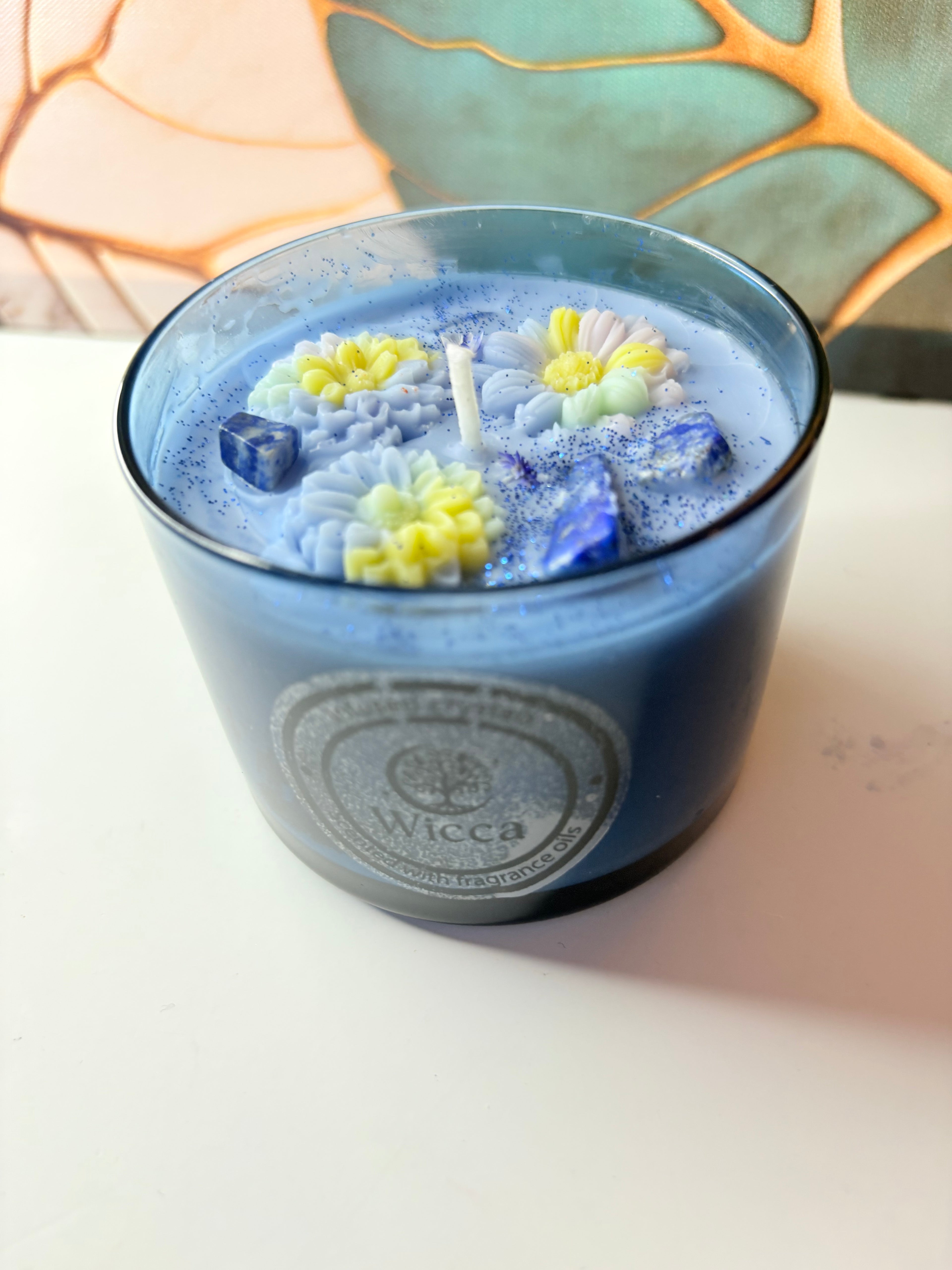 Lapis Lazuli Crystal Soy Candle – Blue Floral | Handmade | 7oz