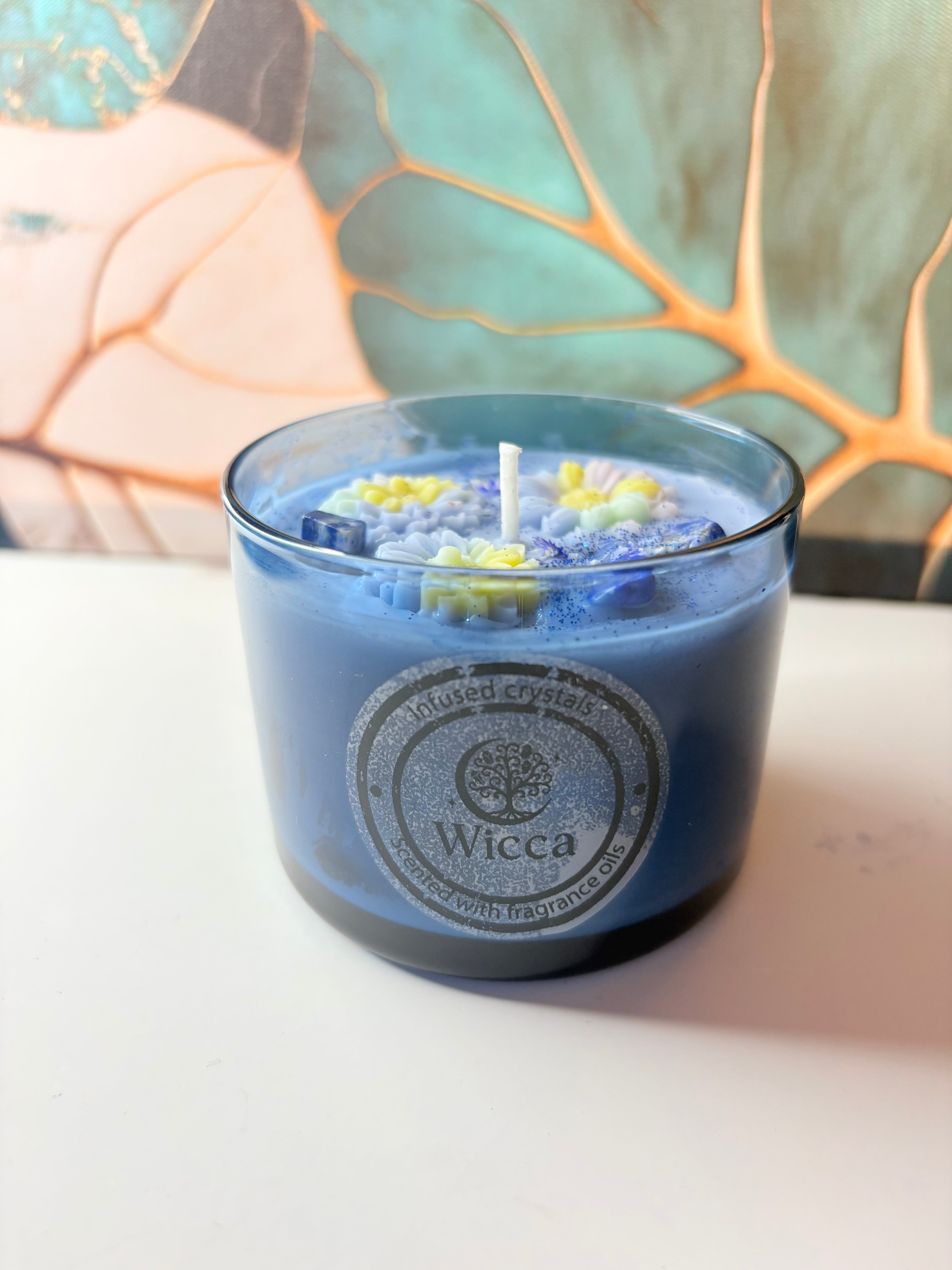 Lapis Lazuli Crystal Soy Candle – Blue Floral | Handmade | 7oz