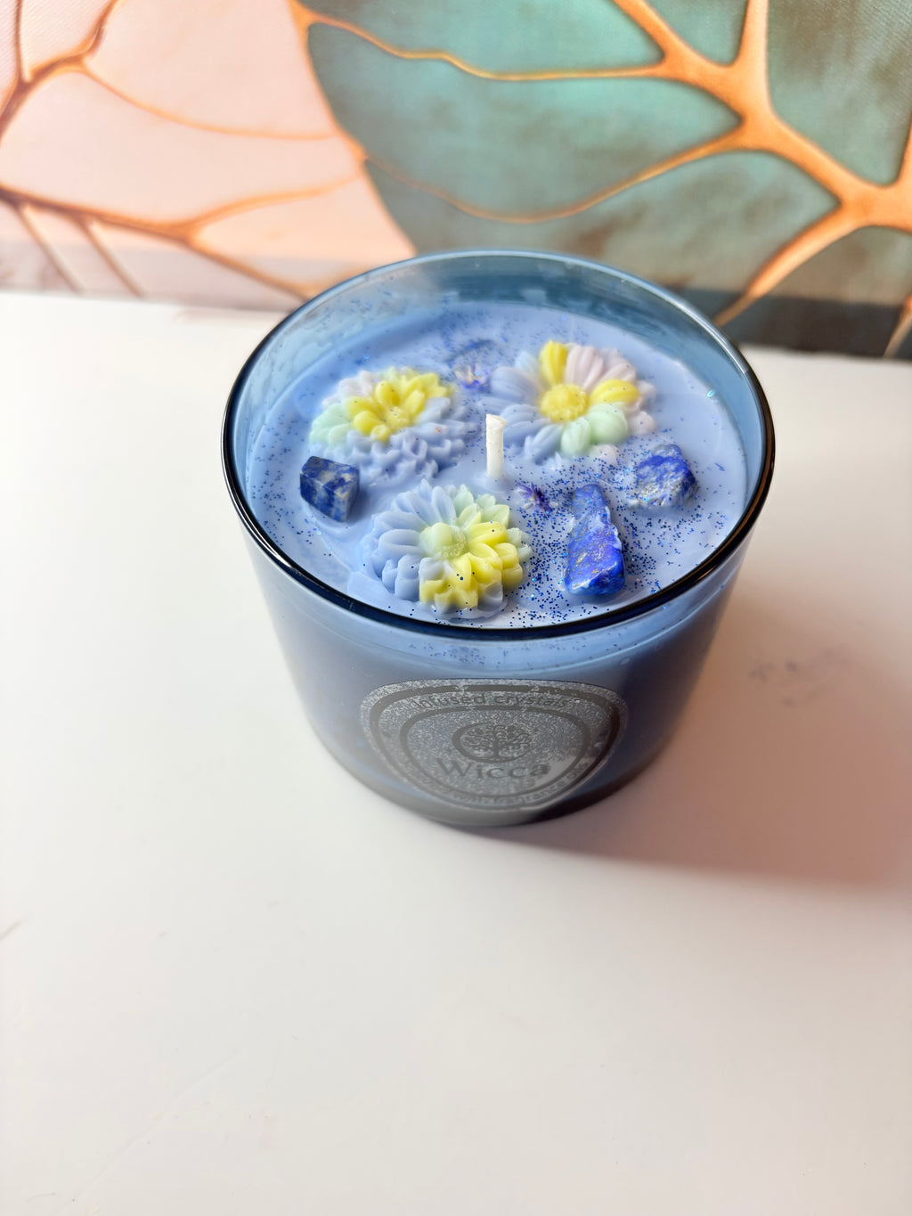 Lapis Lazuli Crystal Soy Candle – Blue Floral | Handmade | 7oz