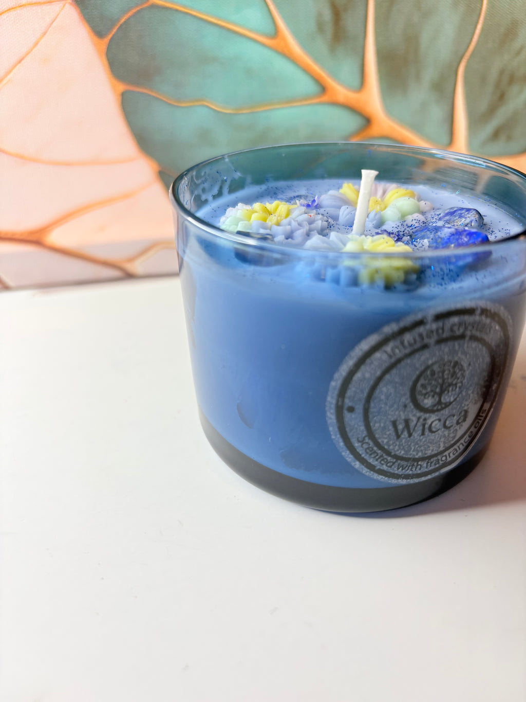 Lapis Lazuli Crystal Soy Candle – Blue Floral | Handmade | 7oz