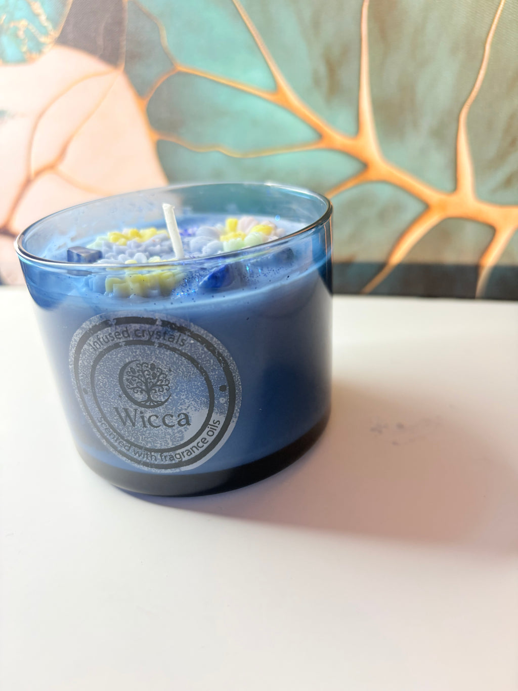 Lapis Lazuli Crystal Soy Candle – Blue Floral | Handmade | 7oz