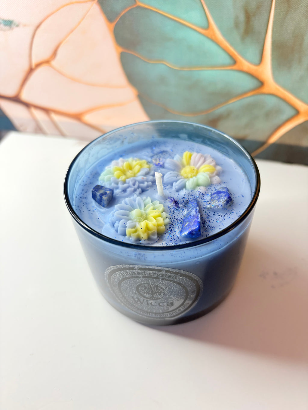 Lapis Lazuli Crystal Soy Candle – Blue Floral | Handmade | 7oz