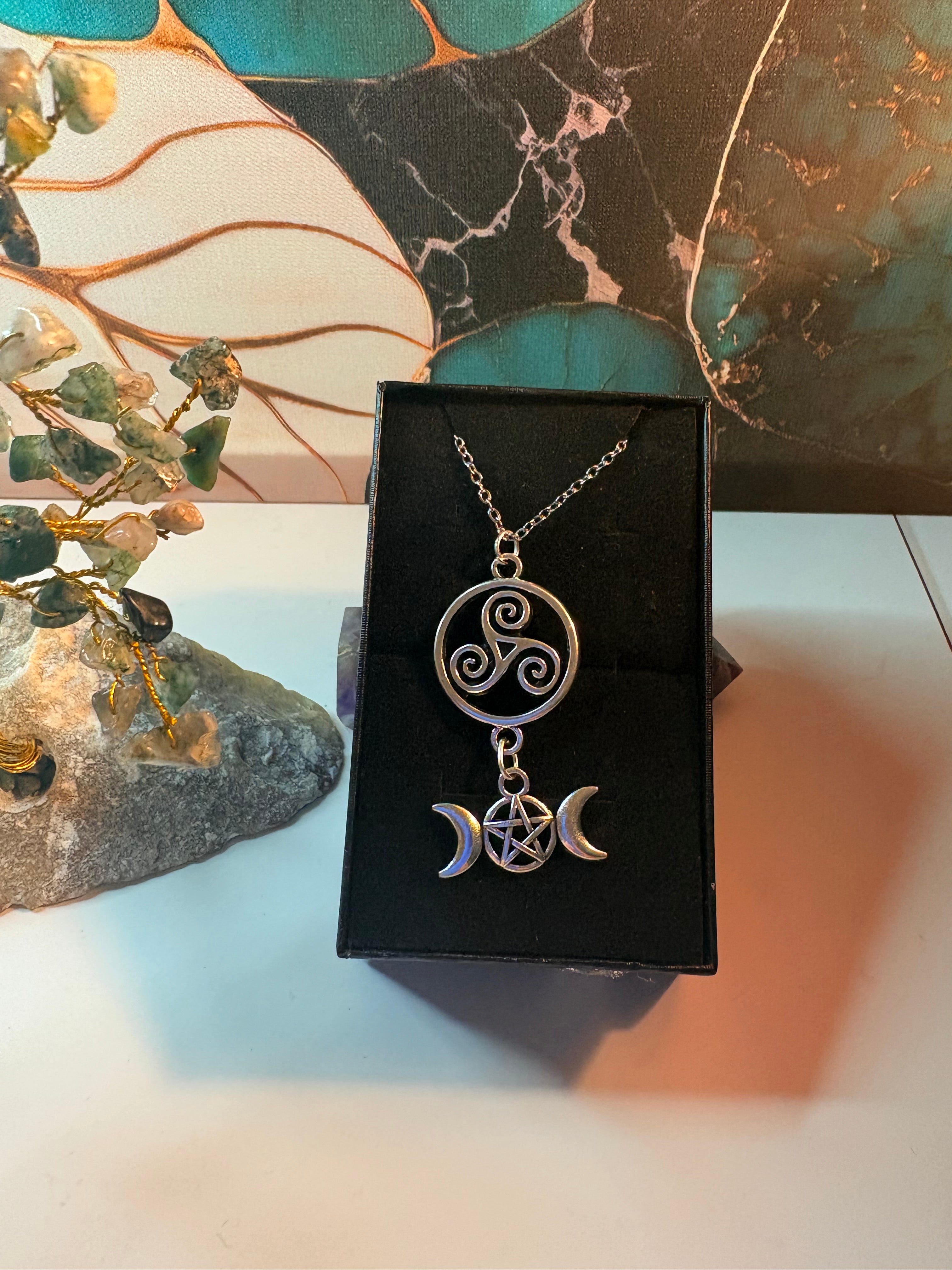 Triple Moon Triskelion Necklace – Pagan Protection & Lunar Symbolism