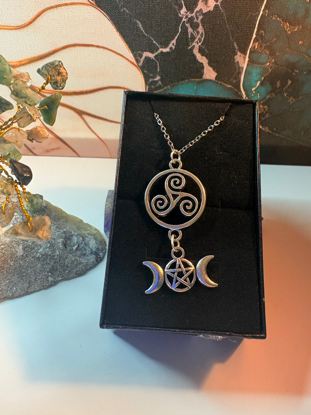 Triple Moon Triskelion Necklace – Pagan Protection & Lunar Symbolism