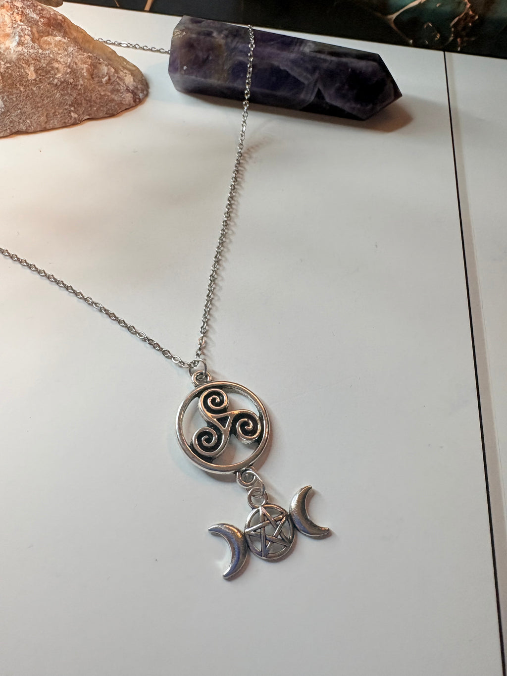 Triple Moon Triskelion Necklace – Pagan Protection & Lunar Symbolism