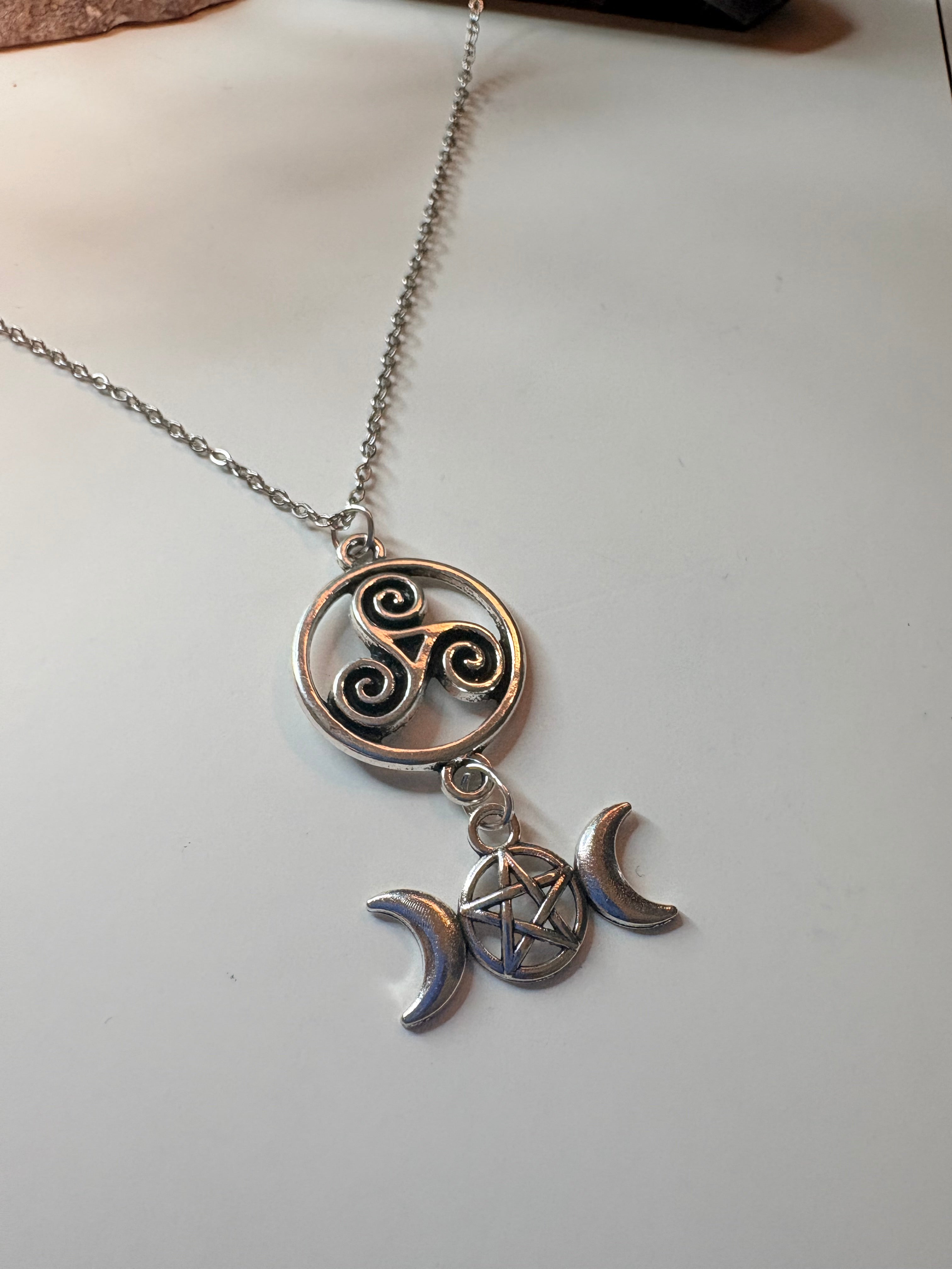 Triple Moon Triskelion Necklace – Pagan Protection & Lunar Symbolism
