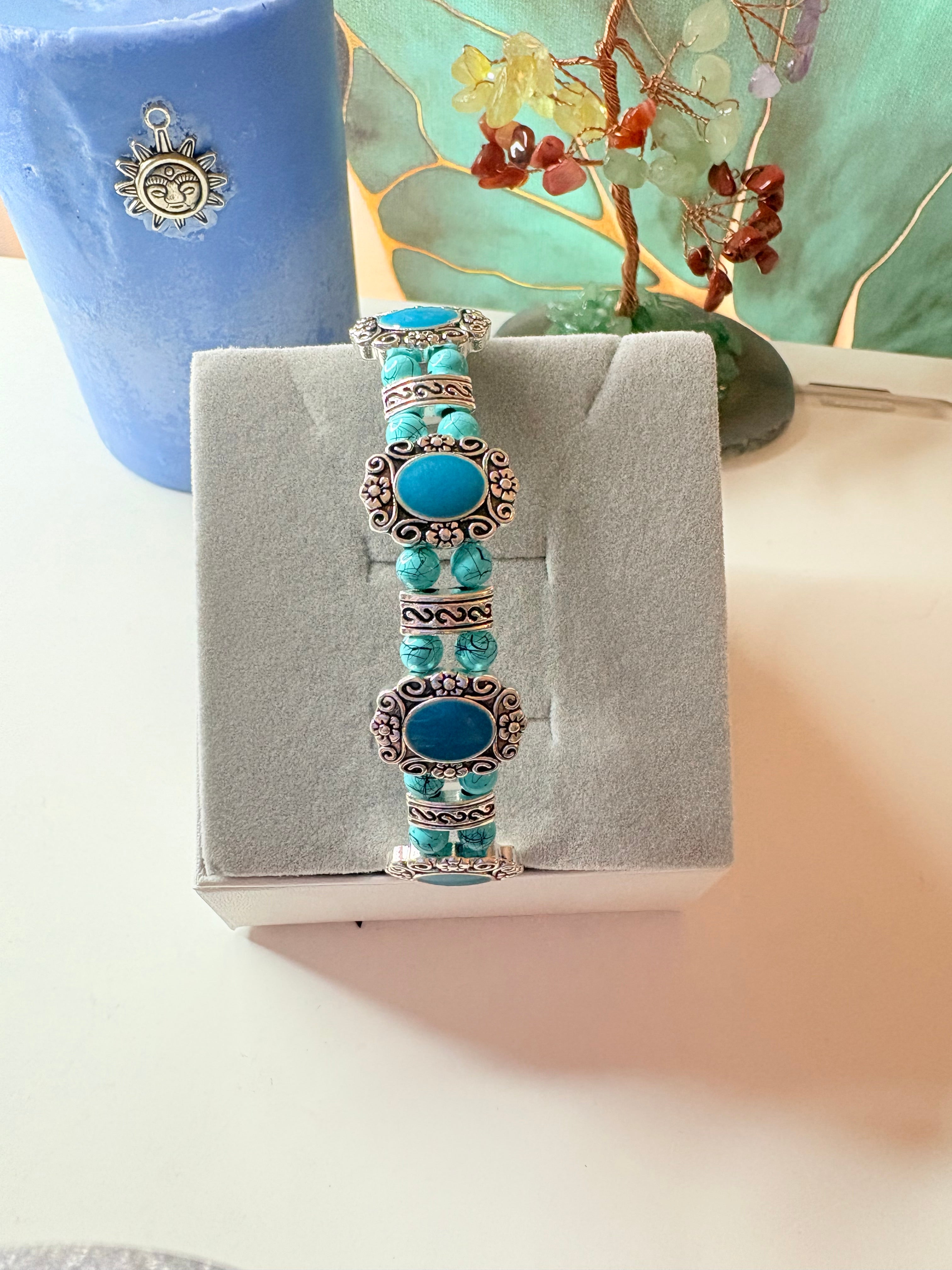 Turquoise-Style Ornate Bracelet – Boho Silver Tone Beaded Jewellery