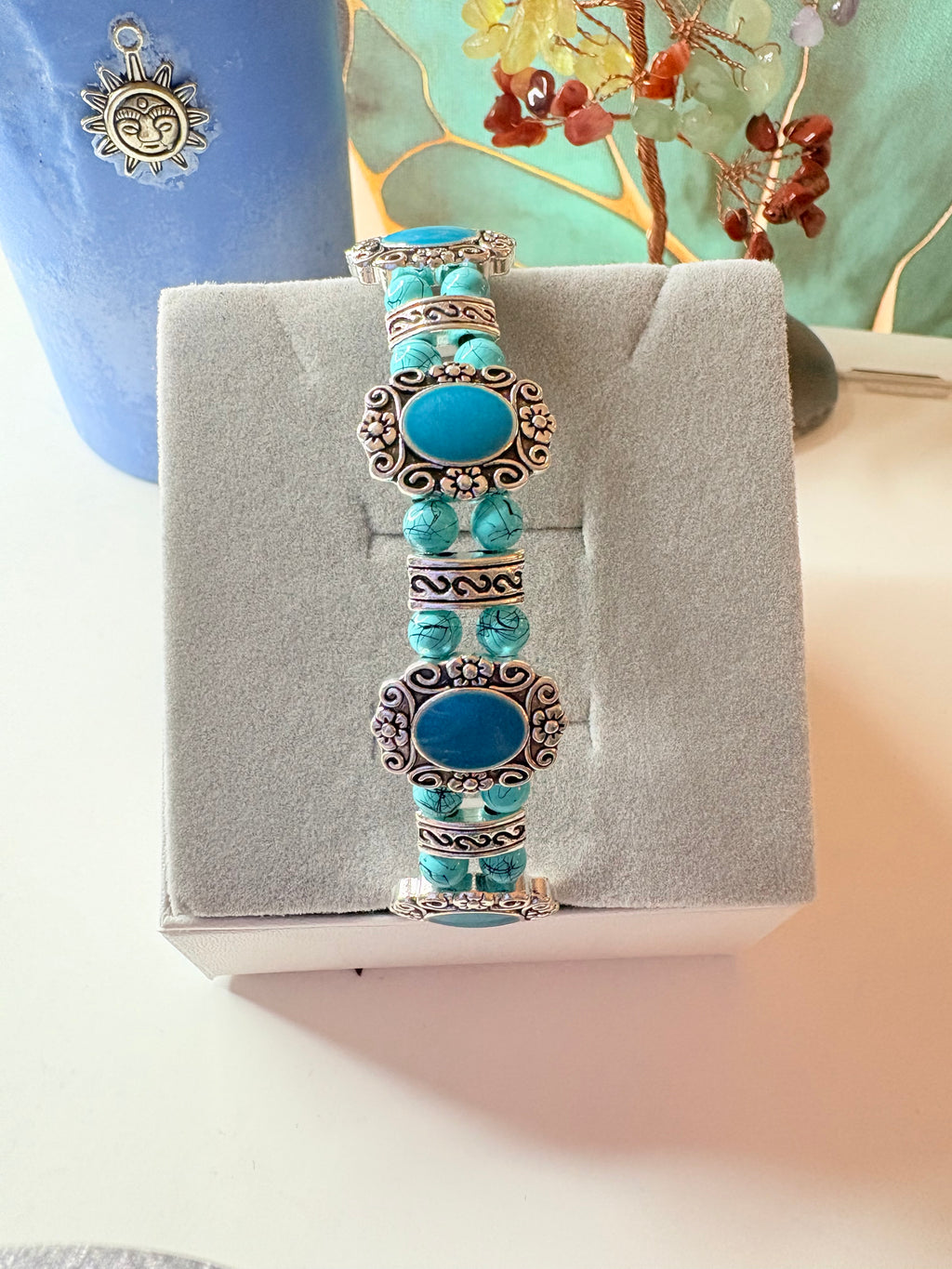 Turquoise-Style Ornate Bracelet – Boho Silver Tone Beaded Jewellery