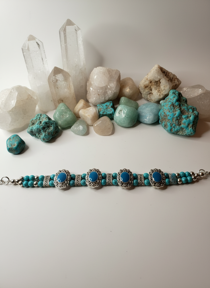 Turquoise-Style Ornate Bracelet – Boho Silver Tone Beaded Jewellery