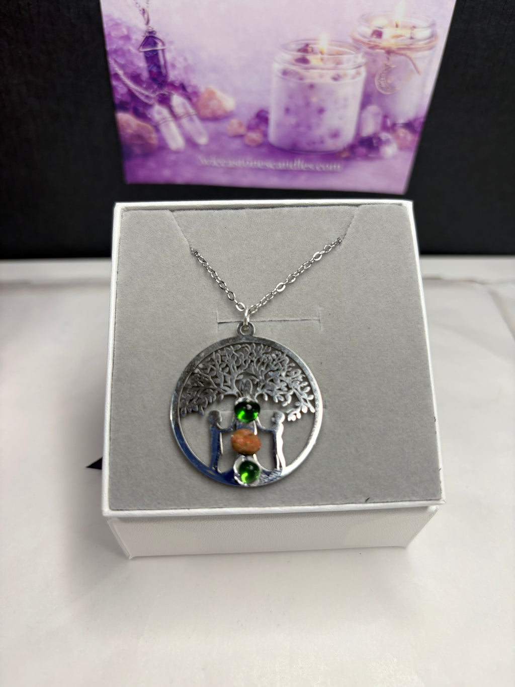 Tree of Life Chakra Necklace & Green Crystal Candle