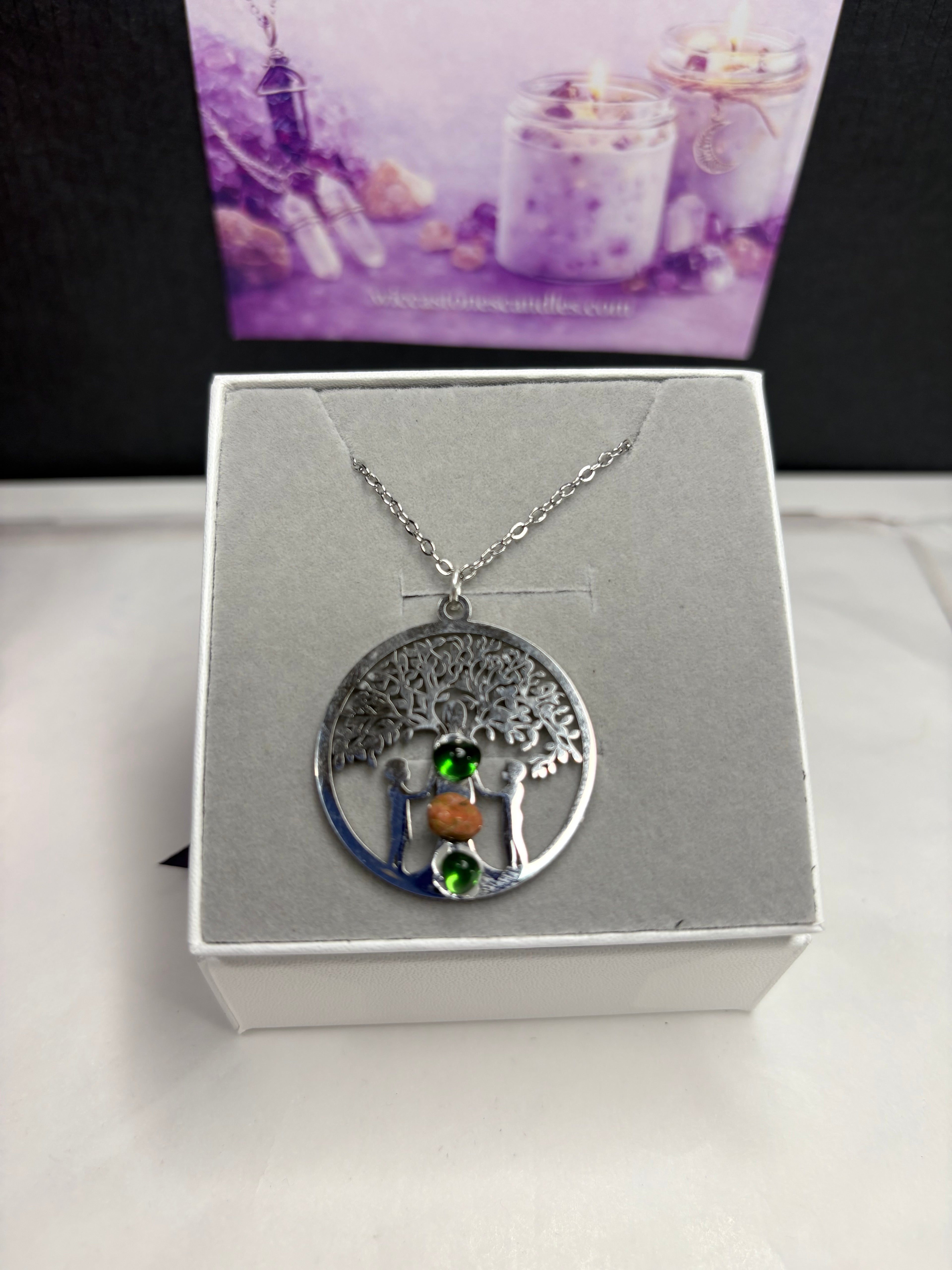 Tree of Life Chakra Necklace & Green Crystal Candle