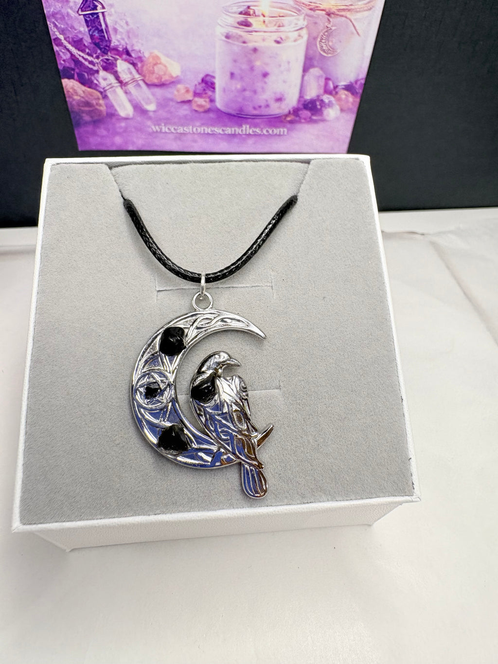 Moon & Raven Necklace & Amethyst Crystal Candle