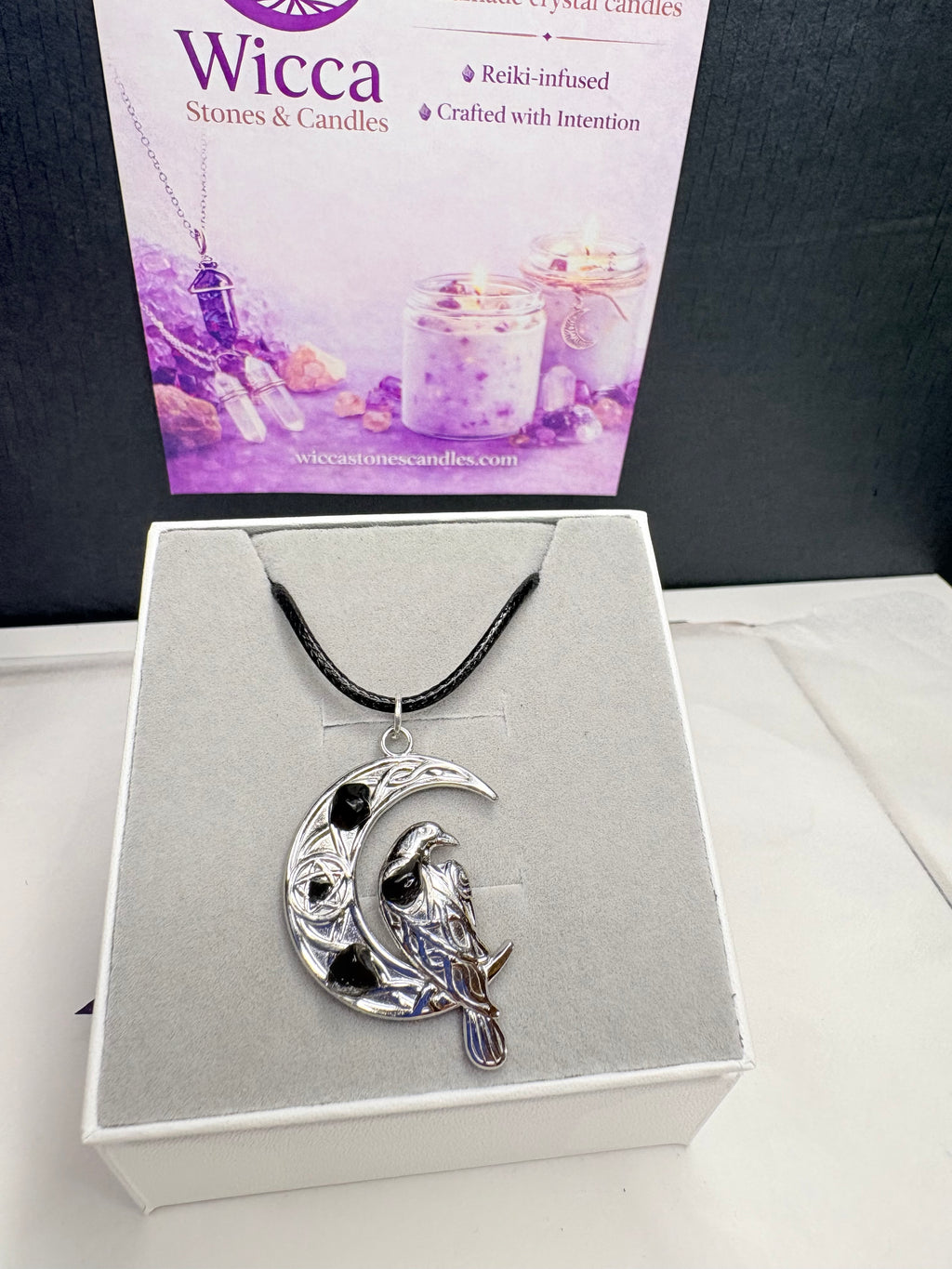 Moon & Raven Necklace & Amethyst Crystal Candle