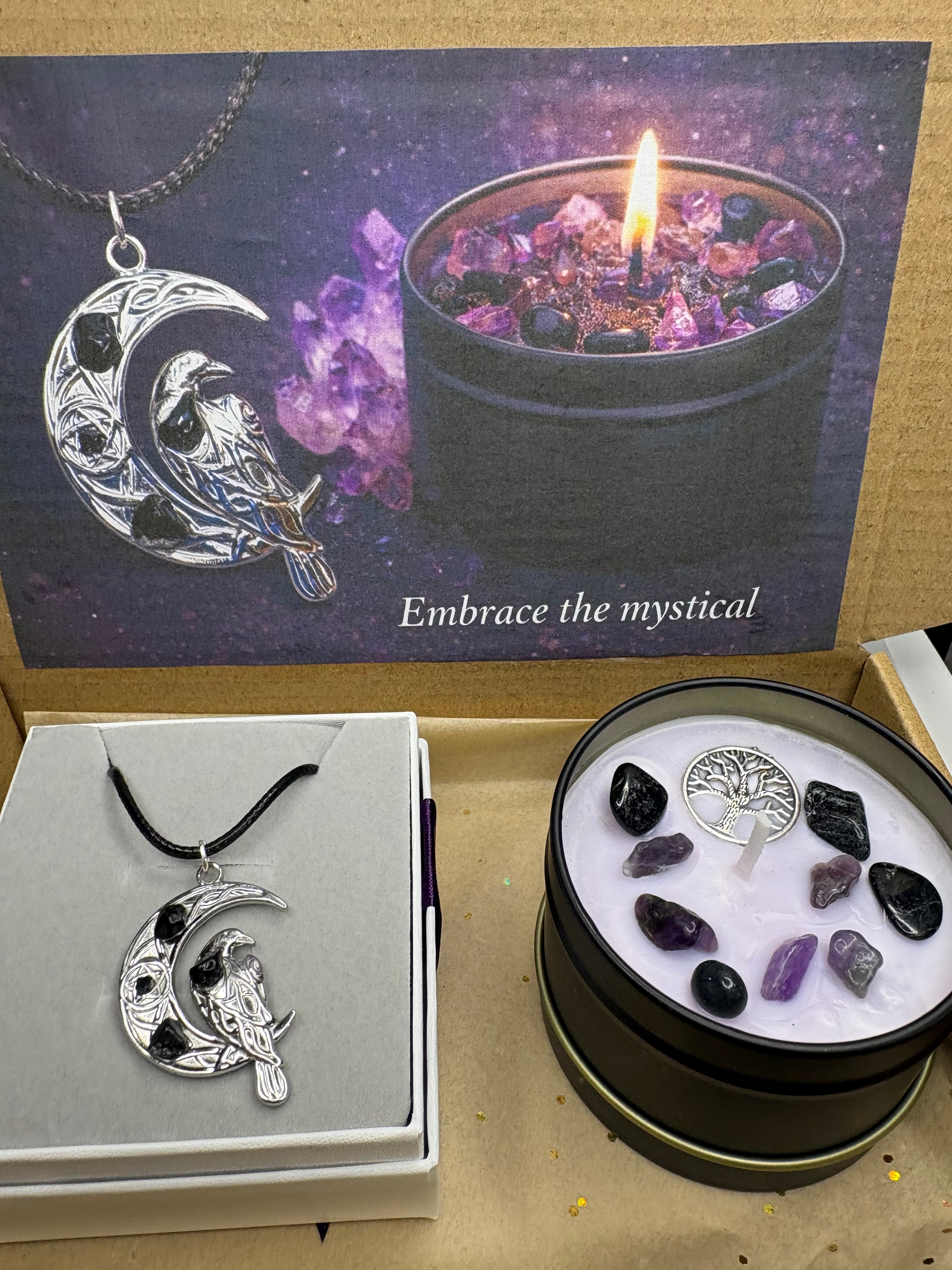 Moon & Raven Necklace & Amethyst Crystal Candle