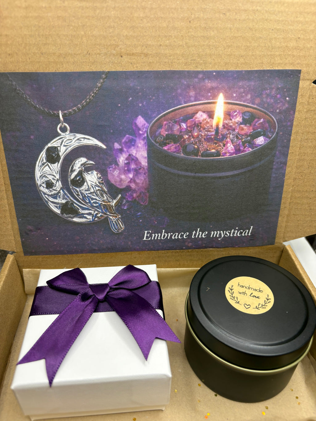 Moon & Raven Necklace & Amethyst Crystal Candle