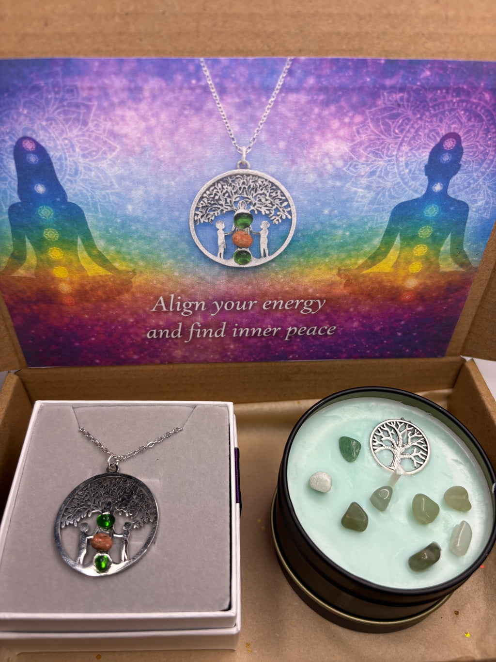 Tree of Life Chakra Necklace & Green Crystal Candle