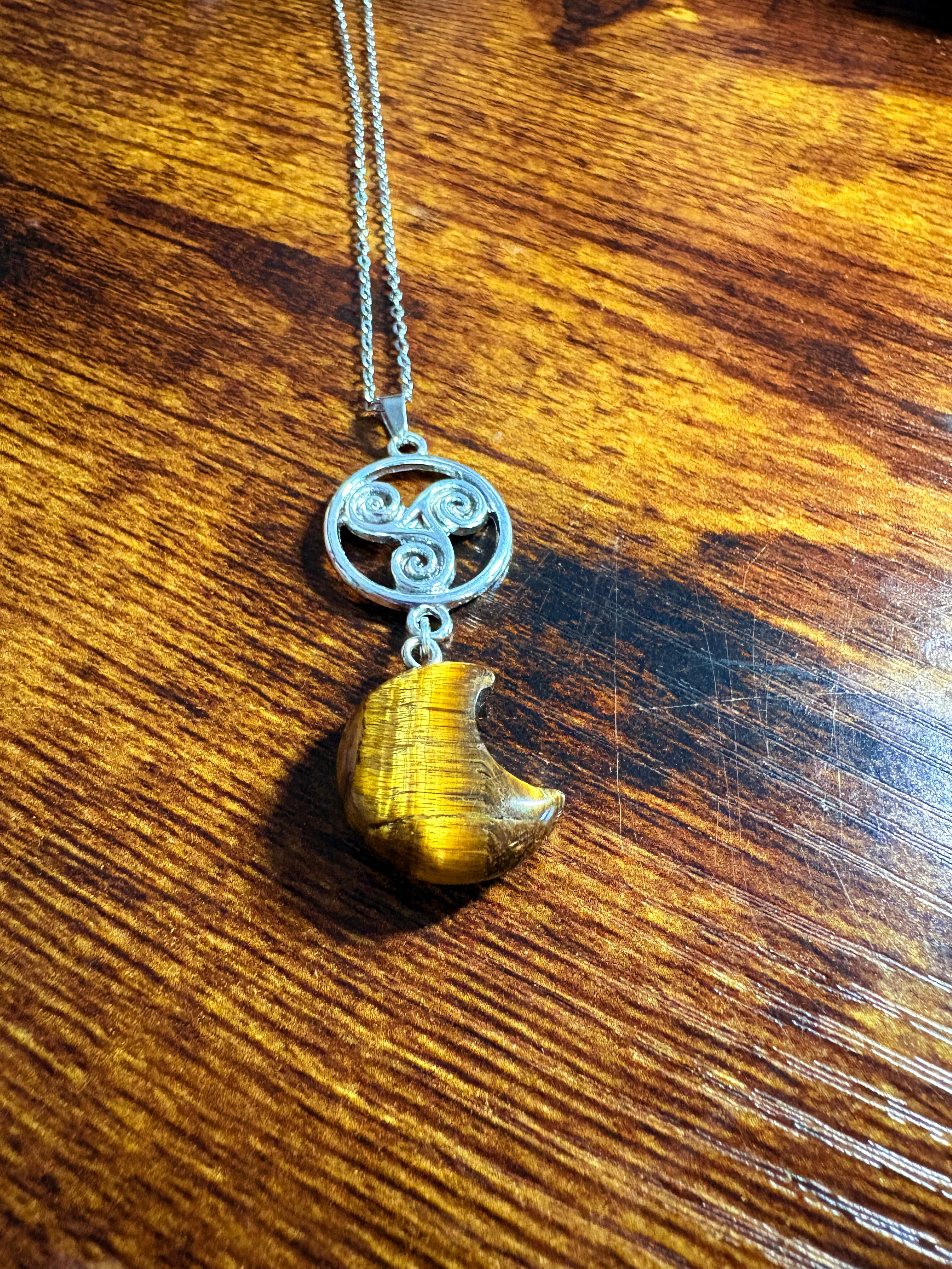 Tiger’s Eye Crescent Moon Necklace with Triskele Symbol – Protection & Strength Crystal Pendant