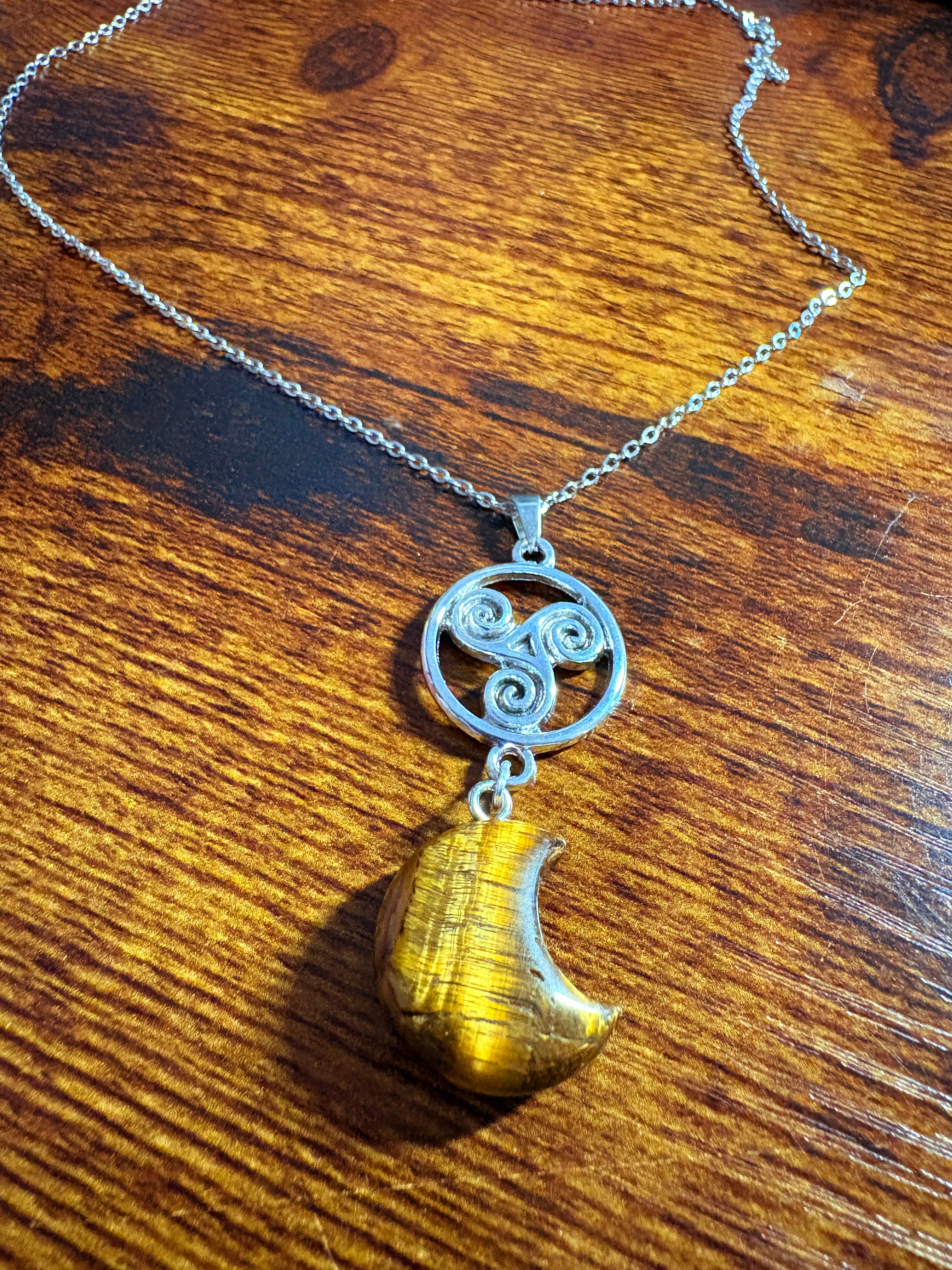Tiger’s Eye Crescent Moon Necklace with Triskele Symbol – Protection & Strength Crystal Pendant