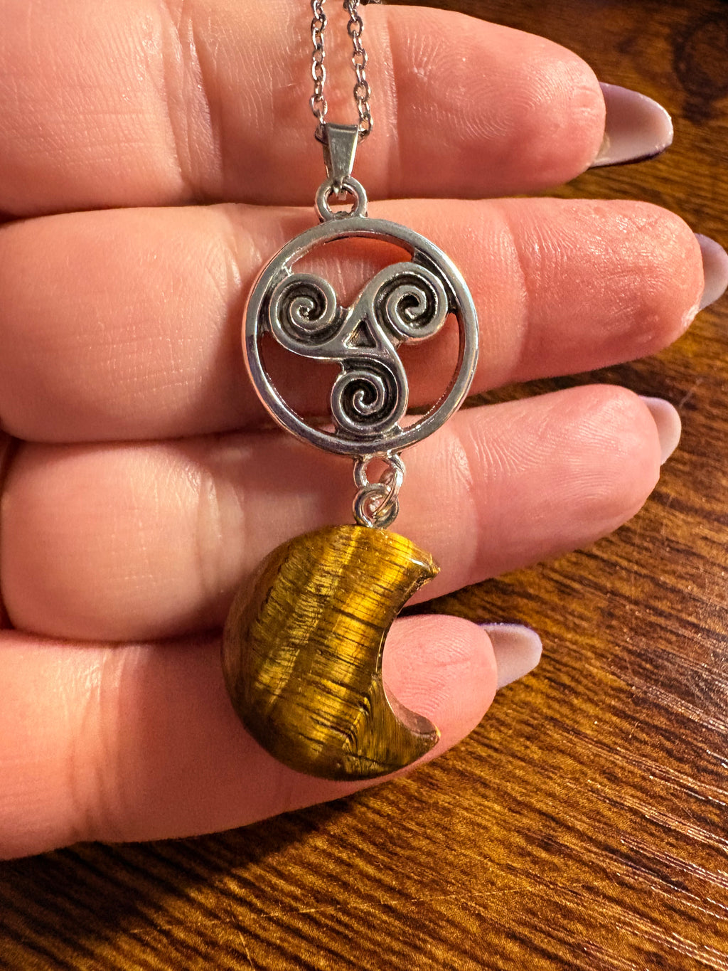 Tiger’s Eye Crescent Moon Necklace with Triskele Symbol – Protection & Strength Crystal Pendant