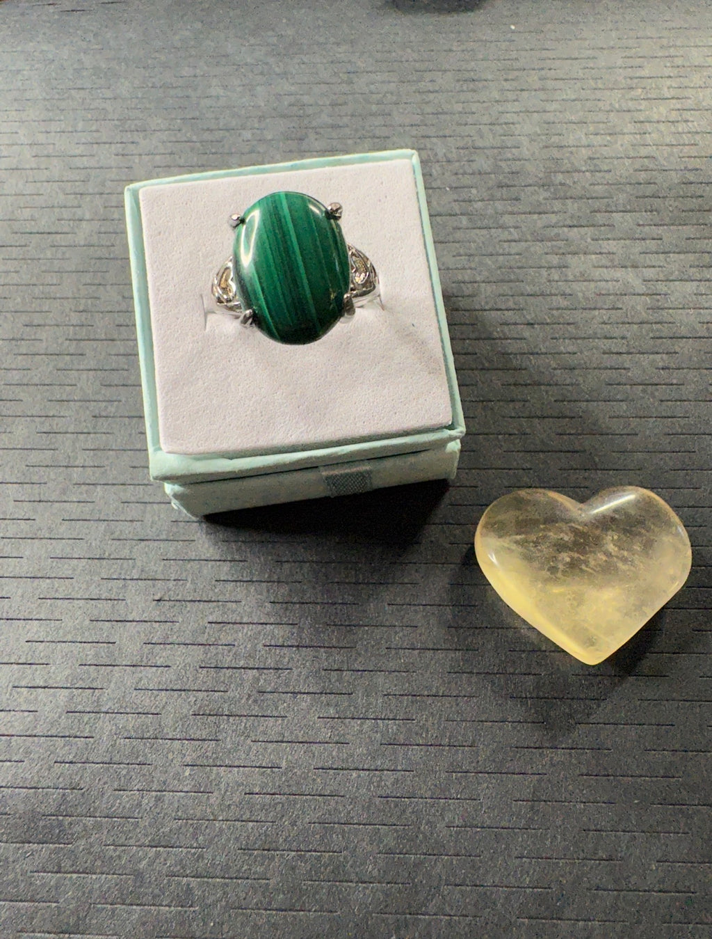 Malachite Silver Plated Statement Ring with Fluorite Heart Crystal