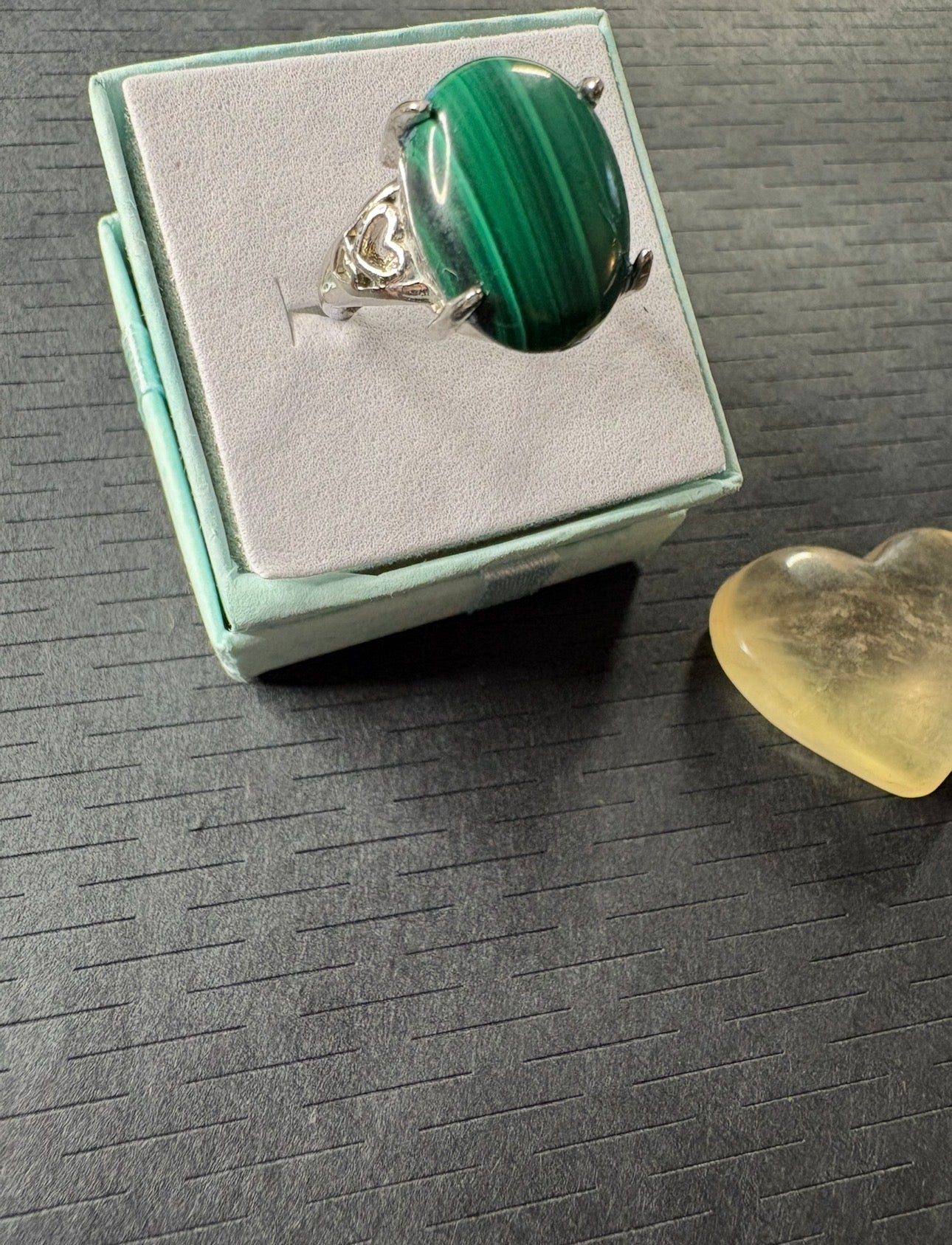 Malachite Silver Plated Statement Ring with Fluorite Heart Crystal