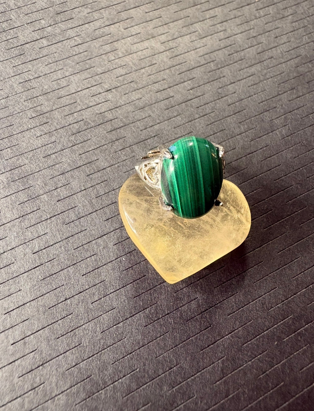 Malachite Silver Plated Statement Ring with Fluorite Heart Crystal