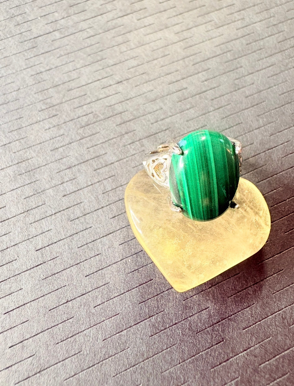 Malachite Silver Plated Statement Ring with Fluorite Heart Crystal