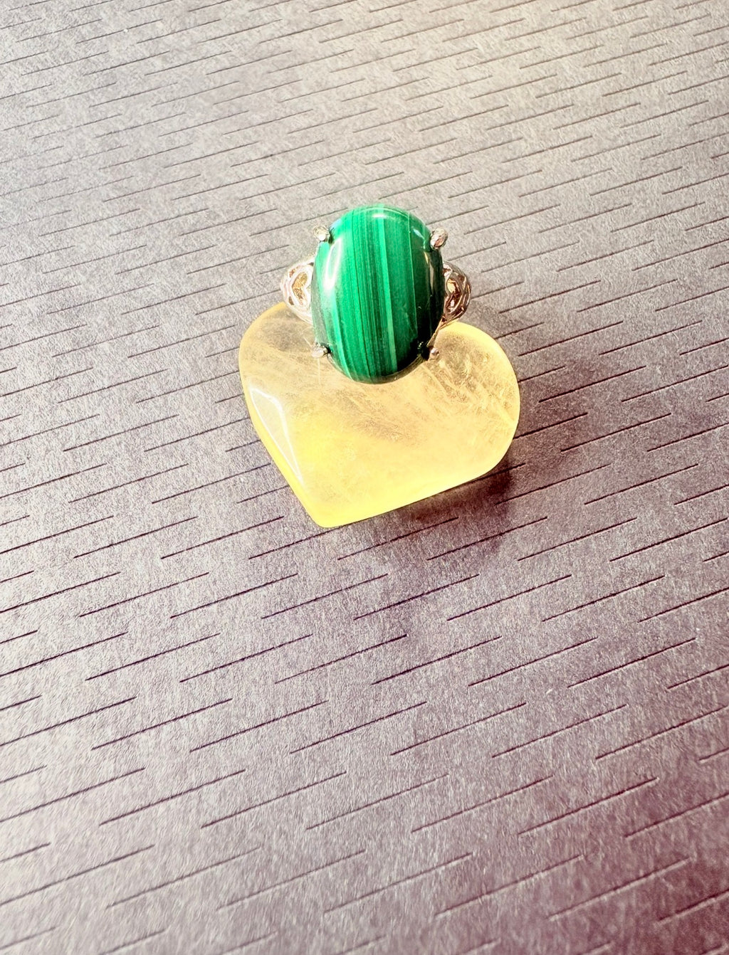 Malachite Silver Plated Statement Ring with Fluorite Heart Crystal