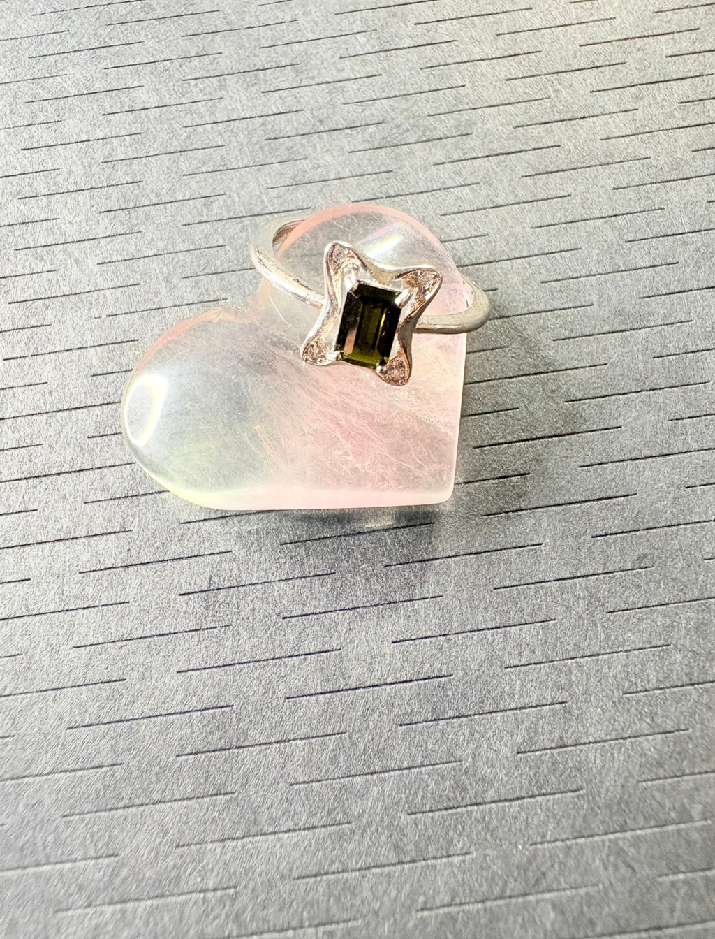 Green Tourmaline Silver Plated Ring with Fluorite Heart Crystal