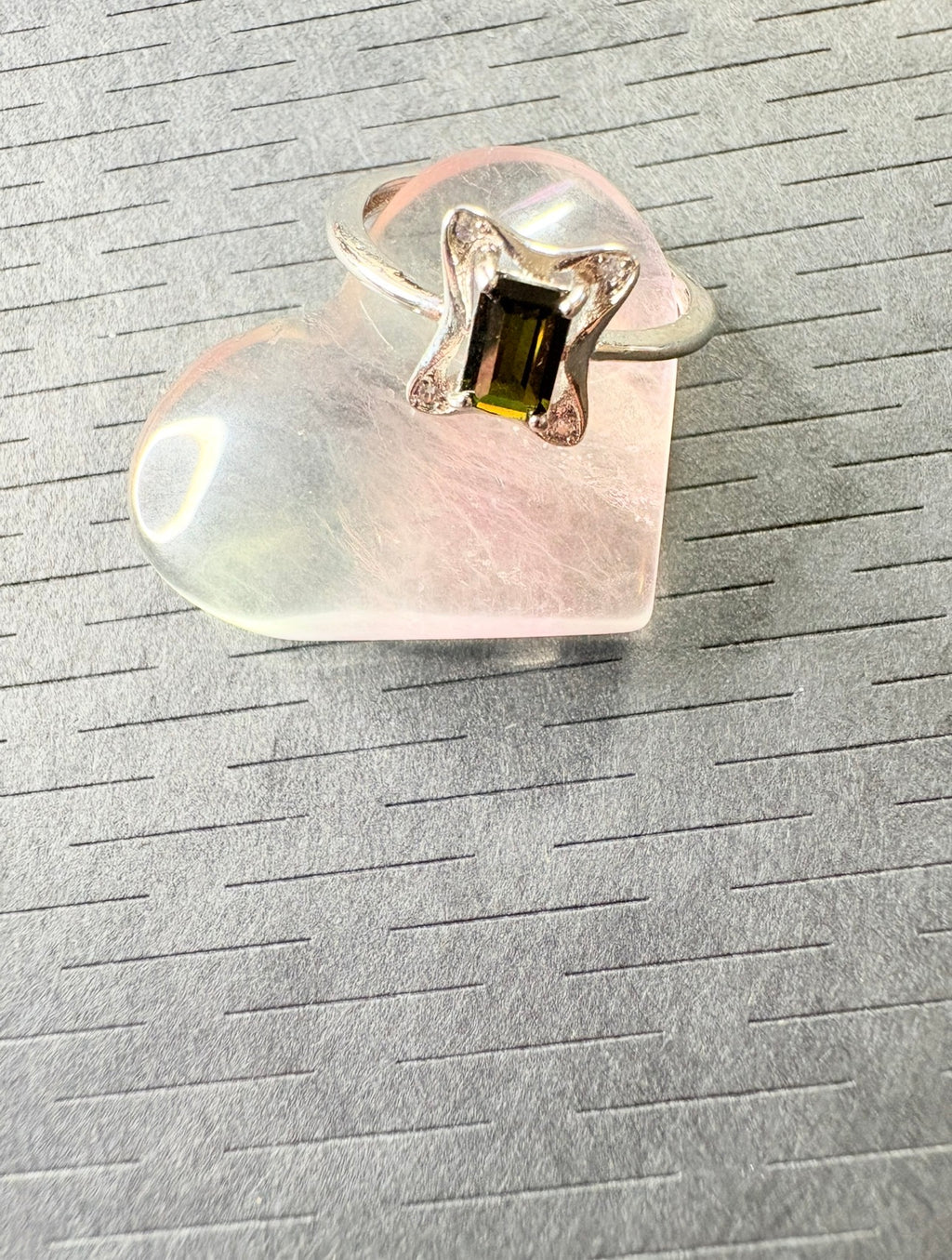 Green Tourmaline Silver Plated Ring with Fluorite Heart Crystal