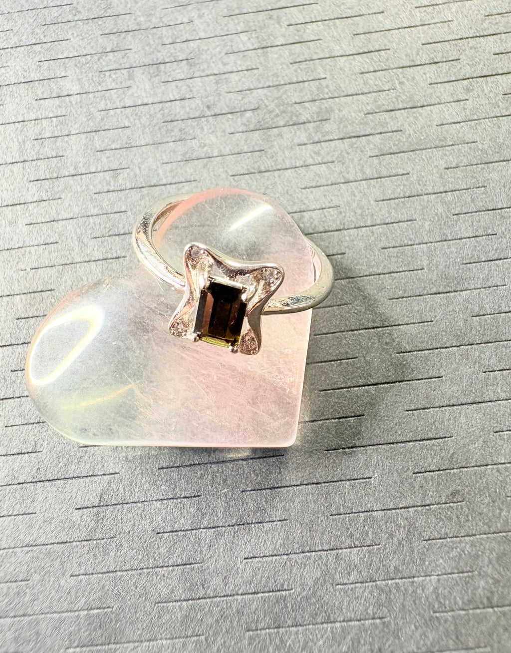 Green Tourmaline Silver Plated Ring with Fluorite Heart Crystal