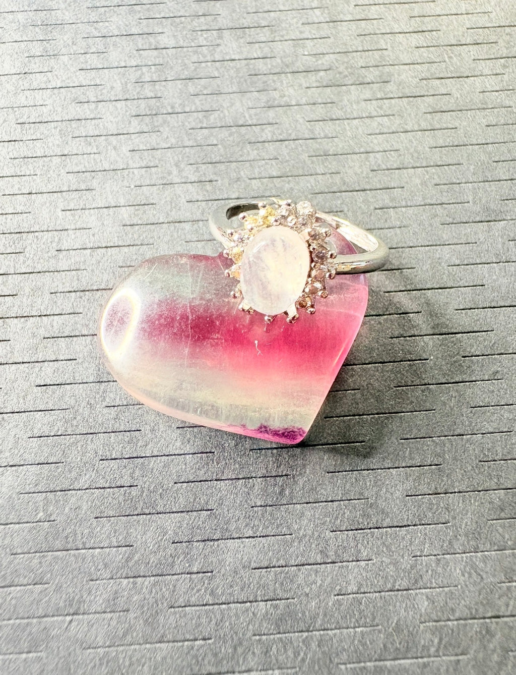 Moonstone Silver Plated Ring with Fluorite Heart Crystal