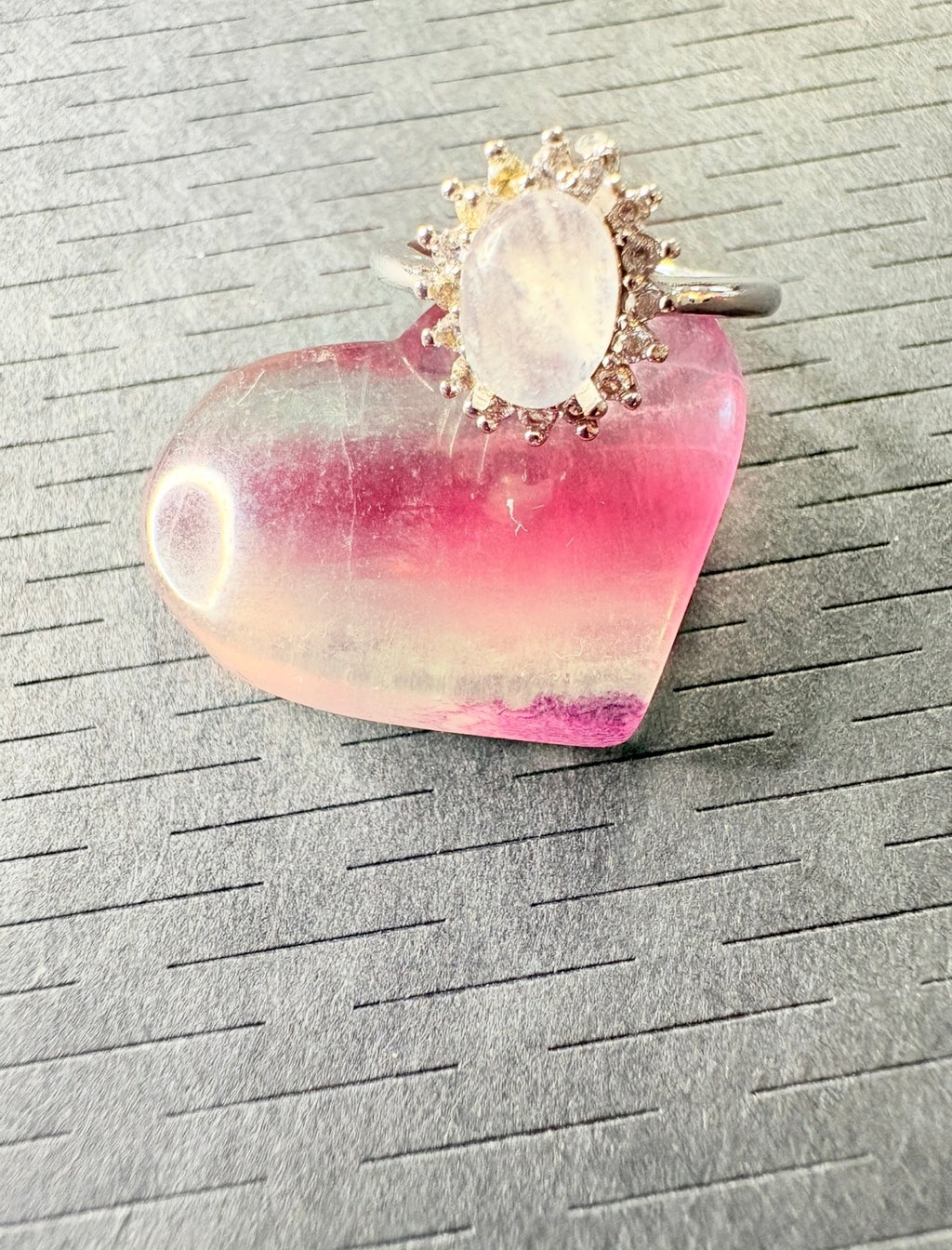 Moonstone Silver Plated Ring with Fluorite Heart Crystal