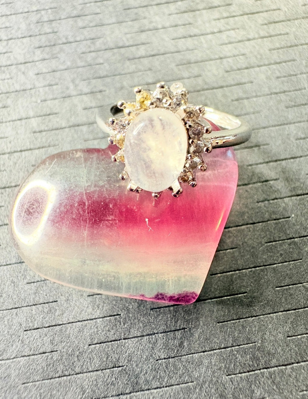 Moonstone Silver Plated Ring with Fluorite Heart Crystal