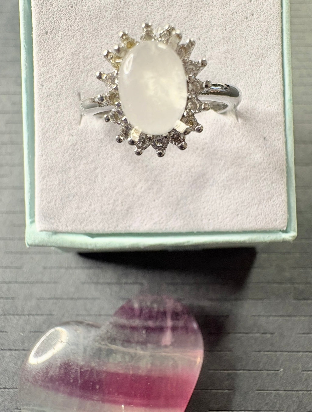 Moonstone Silver Plated Ring with Fluorite Heart Crystal