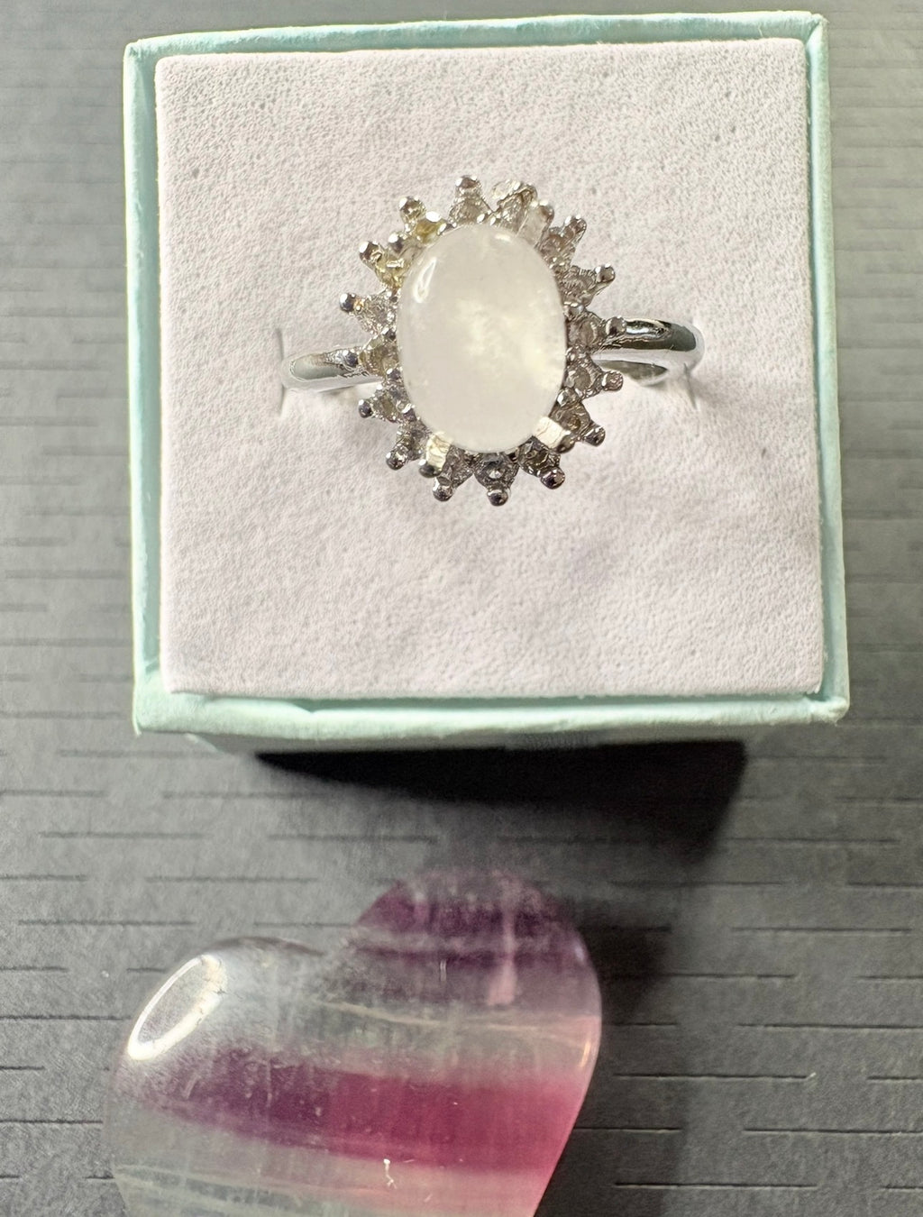 Moonstone Silver Plated Ring with Fluorite Heart Crystal