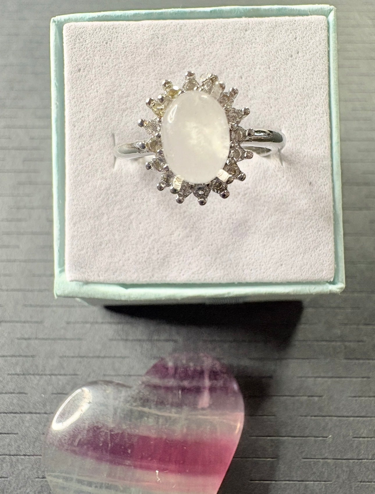 Moonstone Silver Plated Ring with Fluorite Heart Crystal