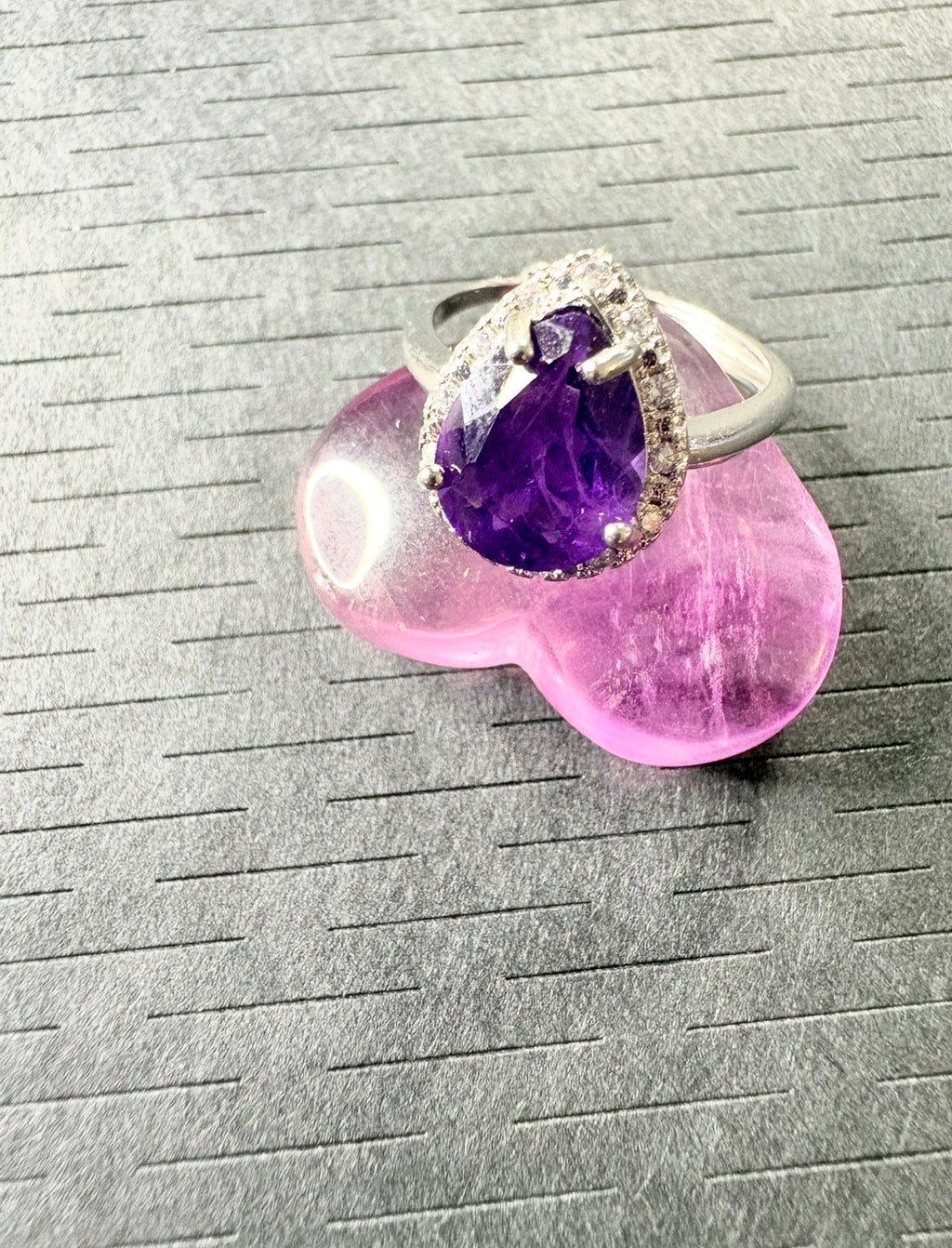Amethyst Silver Plated Ring with Fluorite Heart Crystal