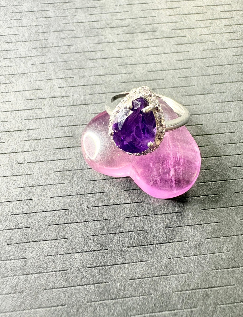 Amethyst Silver Plated Ring with Fluorite Heart Crystal