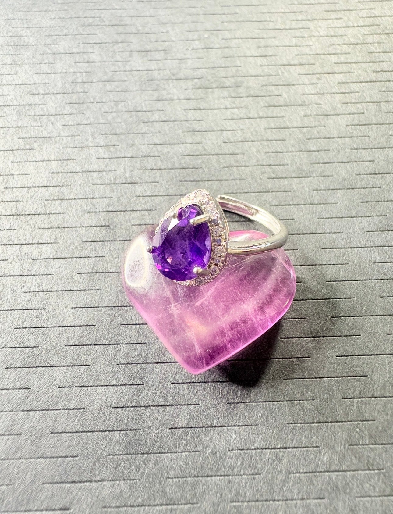 Amethyst Silver Plated Ring with Fluorite Heart Crystal