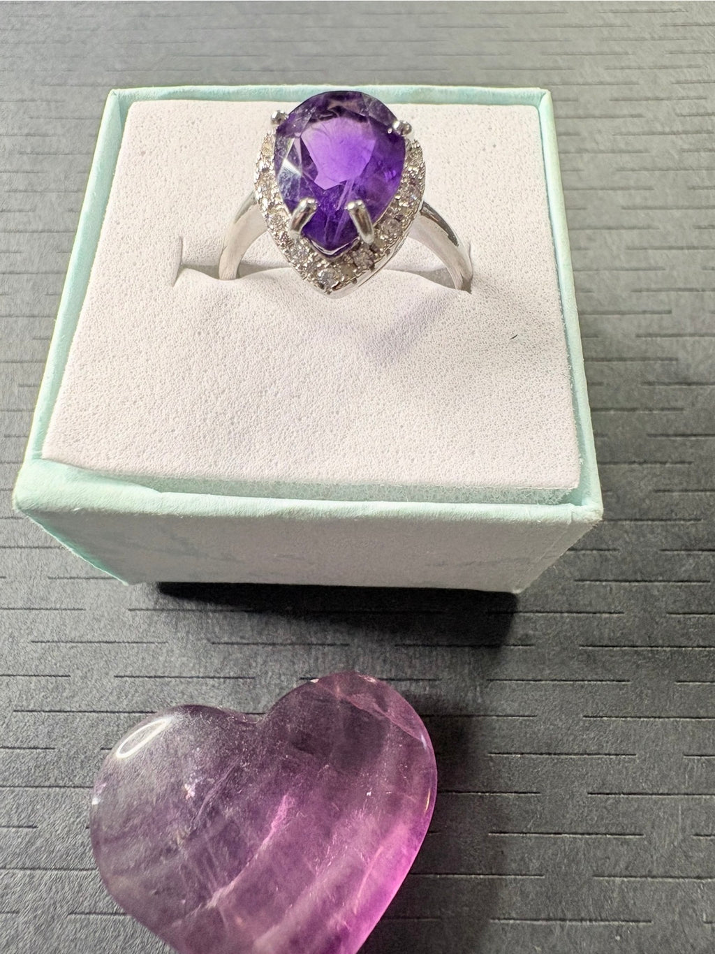 Amethyst Silver Plated Ring with Fluorite Heart Crystal