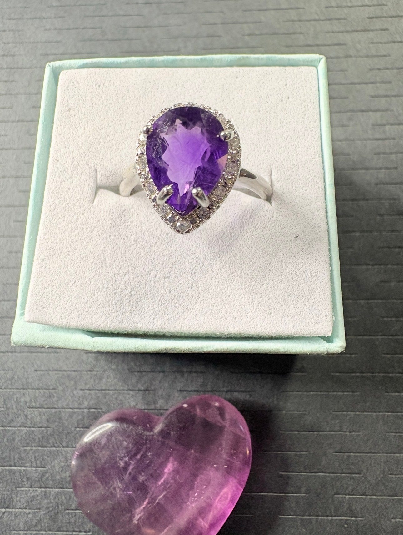 Amethyst Silver Plated Ring with Fluorite Heart Crystal