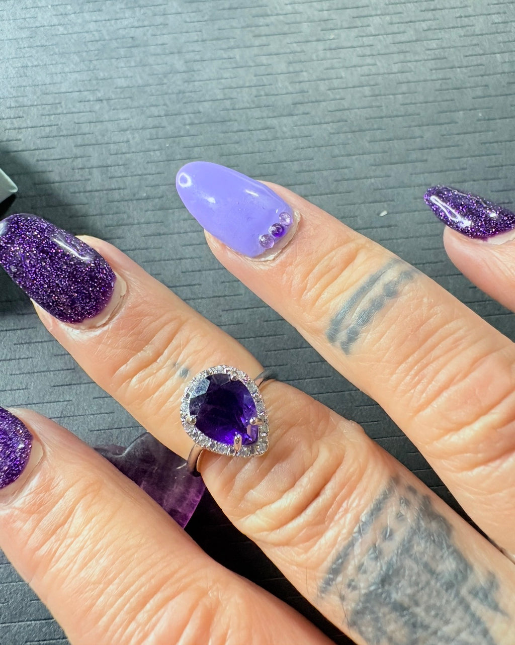 Amethyst Silver Plated Ring with Fluorite Heart Crystal