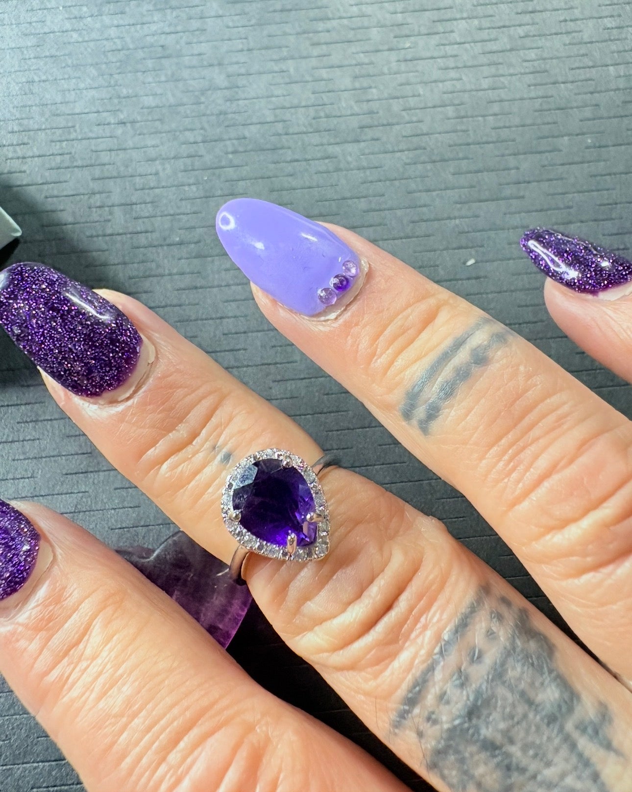 Amethyst Silver Plated Ring with Fluorite Heart Crystal