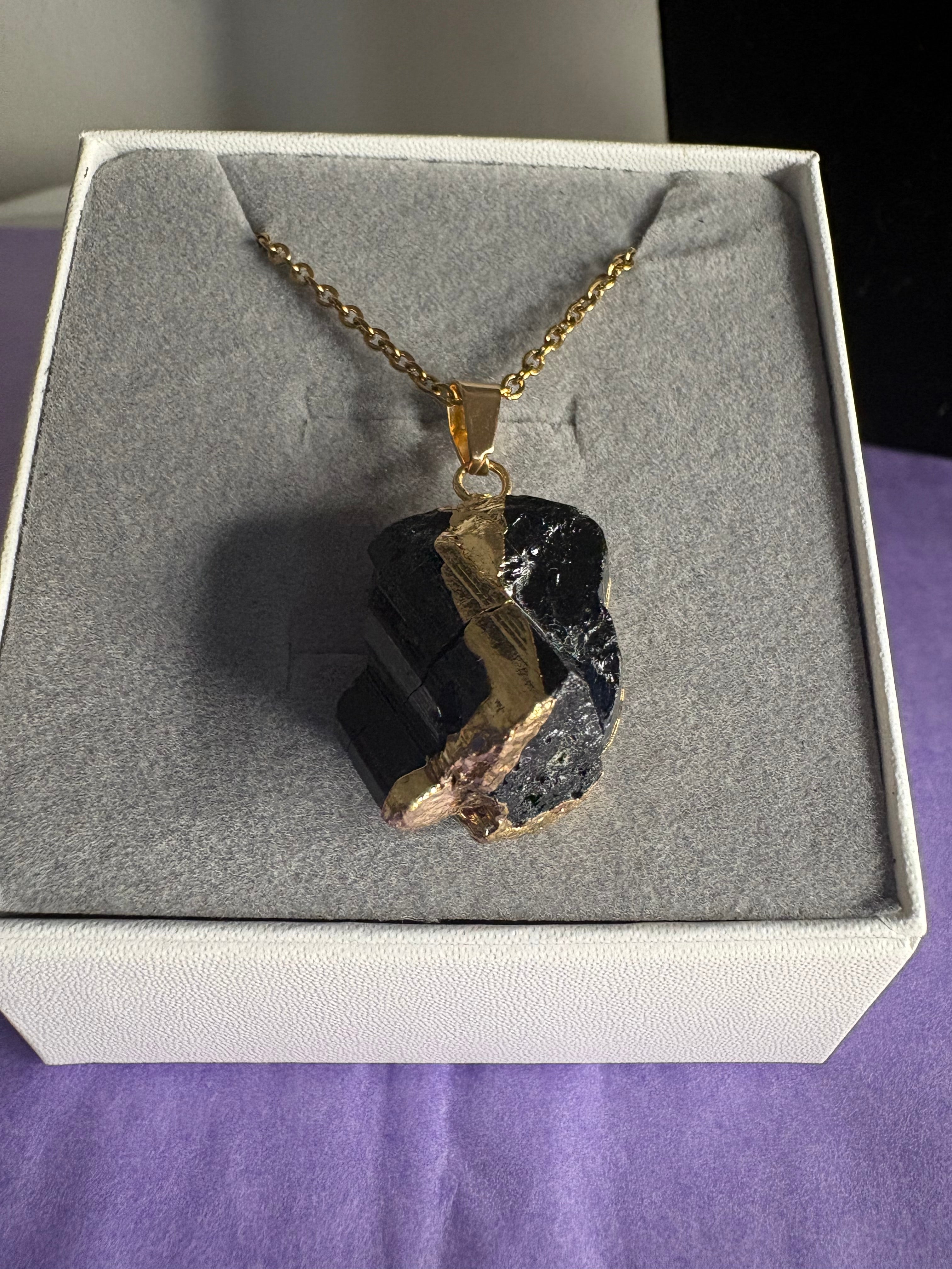 Raw Black Tourmaline Pendant Necklace – Gold Tone Stainless Steel Chain