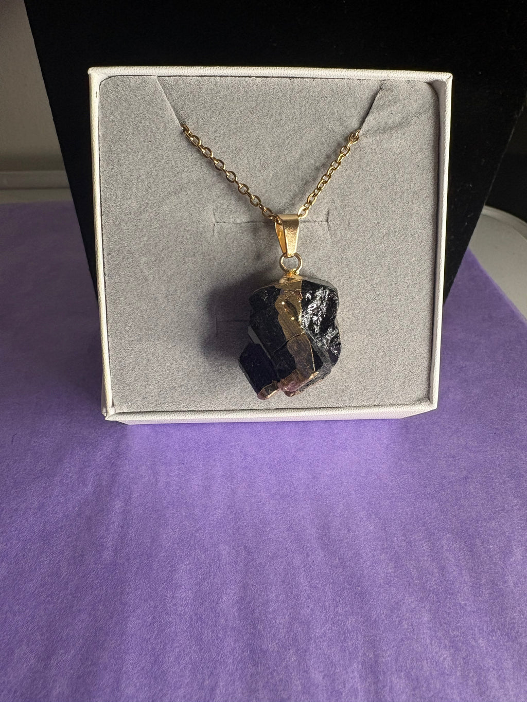 Raw Black Tourmaline Pendant Necklace – Gold Tone Stainless Steel Chain