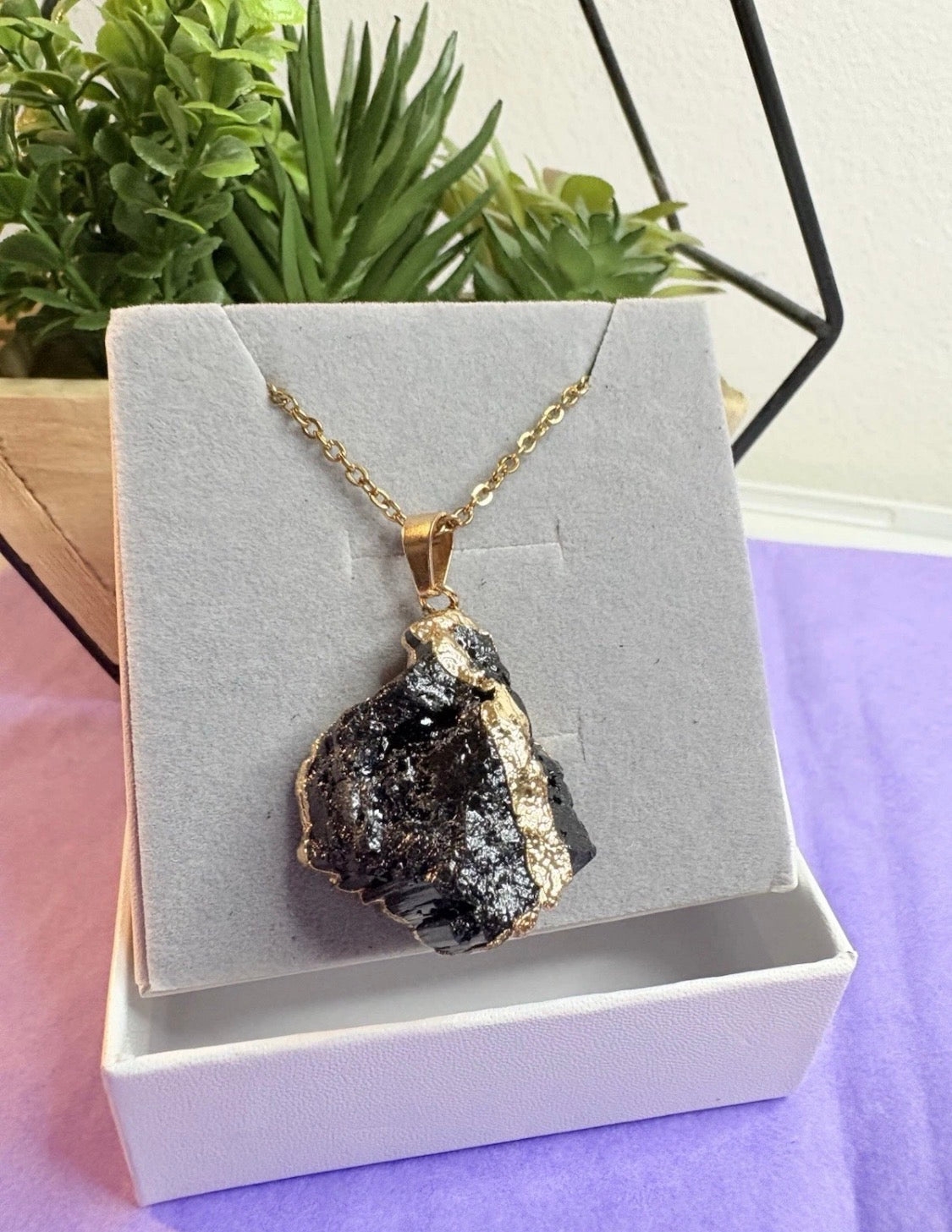 Raw Black Tourmaline Pendant Necklace – Gold Tone Stainless Steel Chain